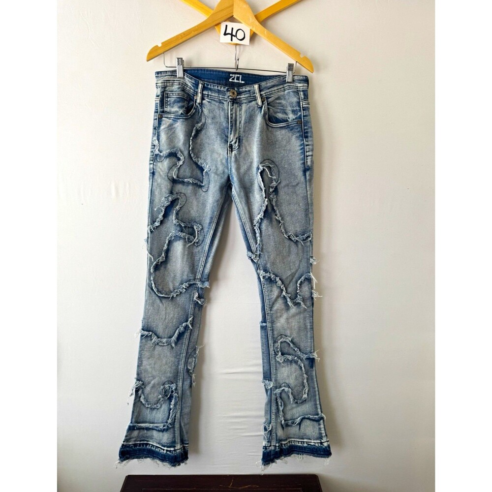 ZCL Men’s Light Wash Distressed Slim Flared Stretch Denim Jeans Blue 32